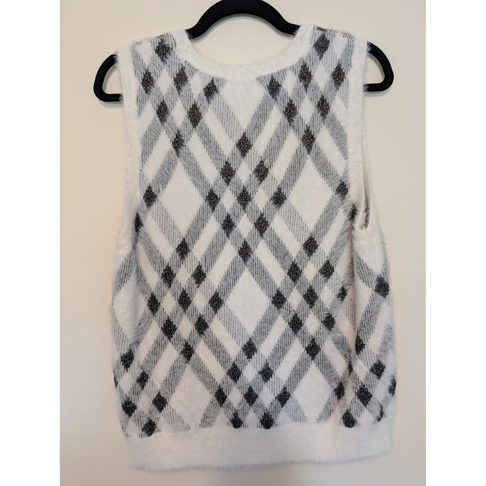 Tommy Hilfiger Womens Fuzzy Eyelash Knit Argyle Sweater Vest M White Metallic - Picture 2 of 8
